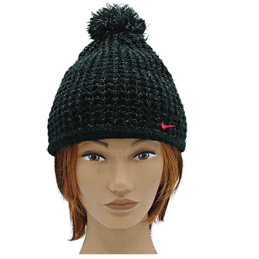 Nike Womens Black Knitted Sparkle Pom Pom Winter Soft Beanie Hat Size 7-16